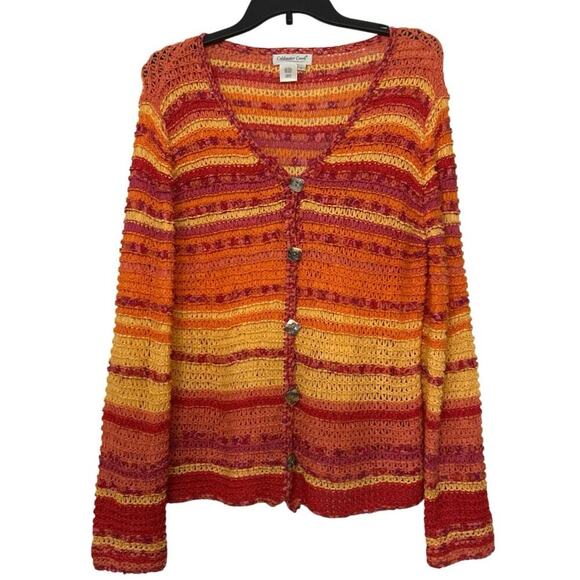 Coldwater Creek Open Knit Vibrant Striped Button Front Sweater Beachy Summer Lrg - Picture 1 of 11
